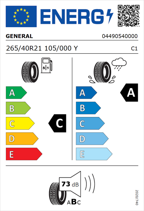 Tyre Label for General Grabber GT Plus 265/40R21 105/000Y