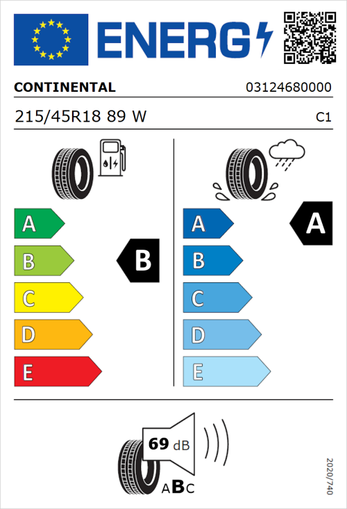 Tyre Label for Continental UltraContact 215/45R18 89W